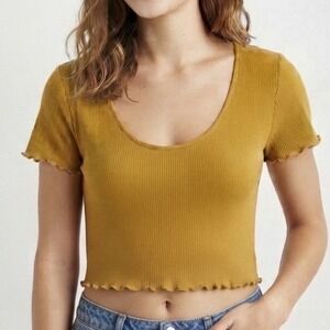 PS Basics by PacSun Mustard Yellow Ribbed Lettuce Edge Scoop Neck Crop Top M